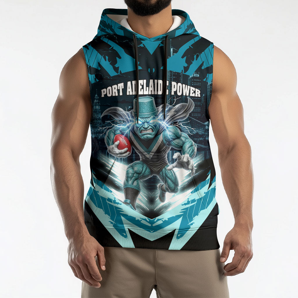 Personalised Port Adelaide Power Football Sleeveless Hoodie Teal Lightning Mascot Charging Cityscape