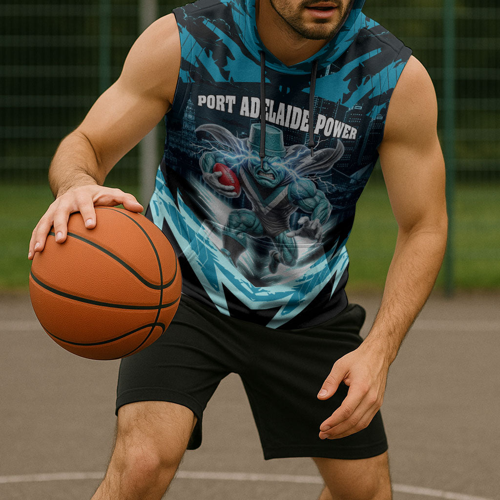 Personalised Port Adelaide Power Football Sleeveless Hoodie Teal Lightning Mascot Charging Cityscape