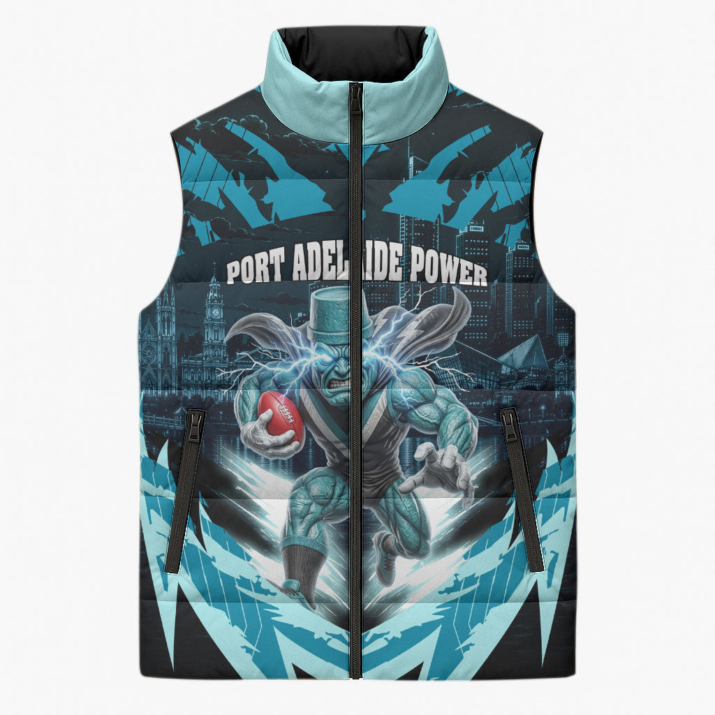 Personalised Port Adelaide Power Football Sleeveless Puffer Jacket Teal Lightning Mascot Charging Cityscape