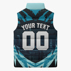 Personalised Port Adelaide Power Football Sleeveless Puffer Jacket Teal Lightning Mascot Charging Cityscape