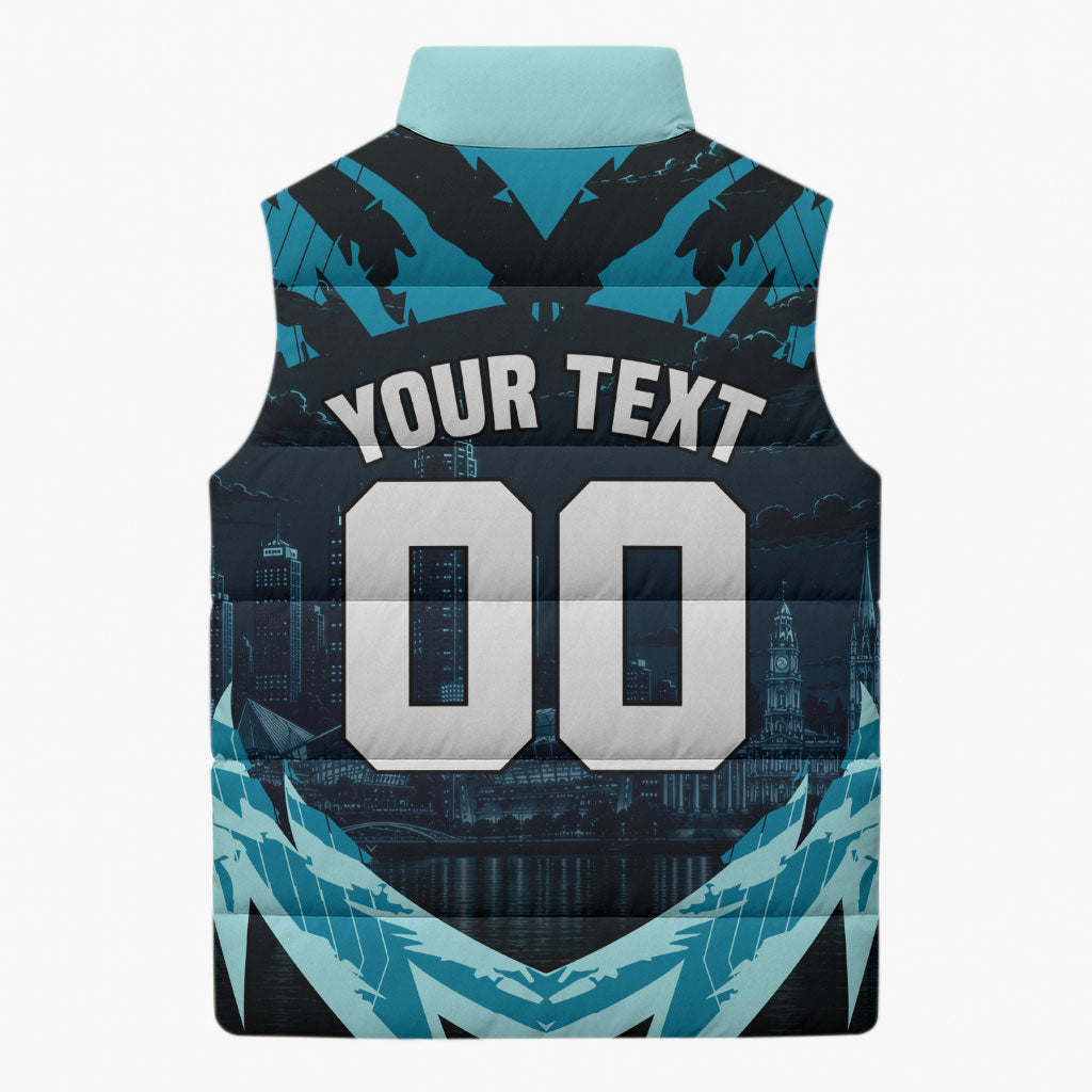 Personalised Port Adelaide Power Football Sleeveless Puffer Jacket Teal Lightning Mascot Charging Cityscape