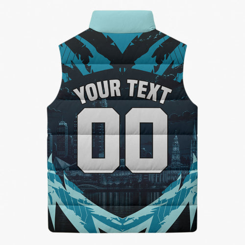 Personalised Port Adelaide Power Football Sleeveless Puffer Jacket Teal Lightning Mascot Charging Cityscape
