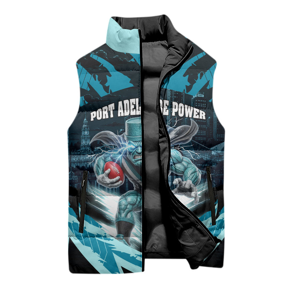 Personalised Port Adelaide Power Football Sleeveless Puffer Jacket Teal Lightning Mascot Charging Cityscape