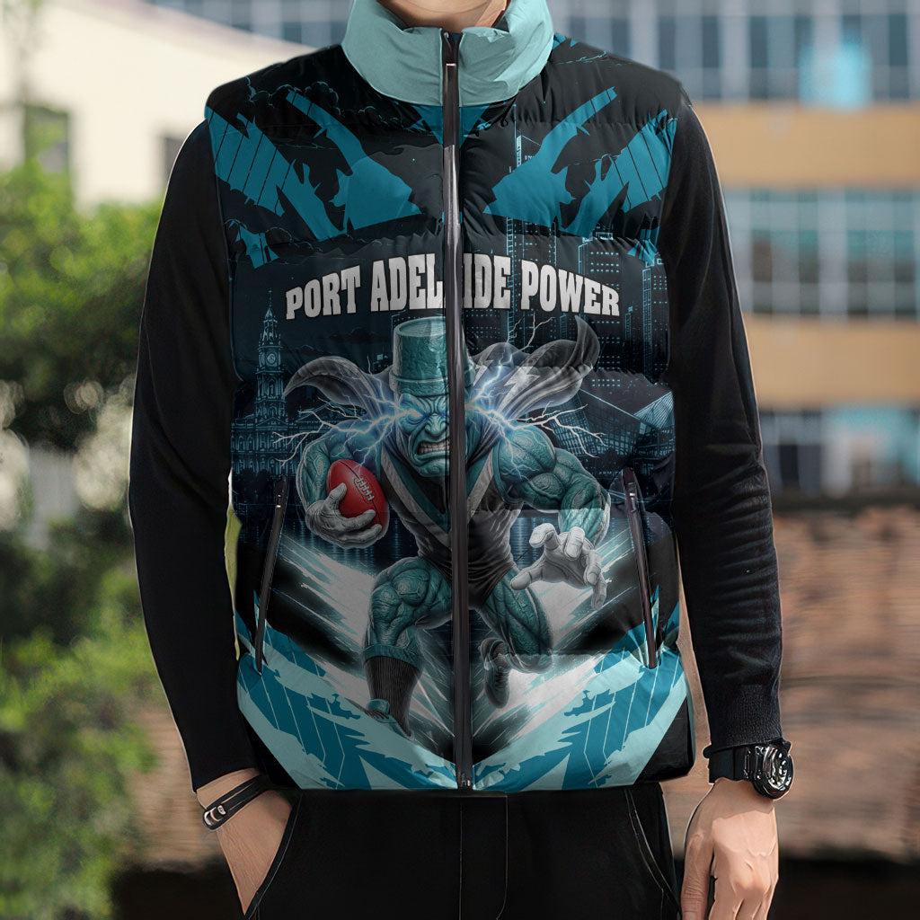Personalised Port Adelaide Power Football Sleeveless Puffer Jacket Teal Lightning Mascot Charging Cityscape