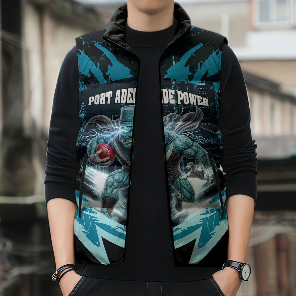 Personalised Port Adelaide Power Football Sleeveless Puffer Jacket Teal Lightning Mascot Charging Cityscape