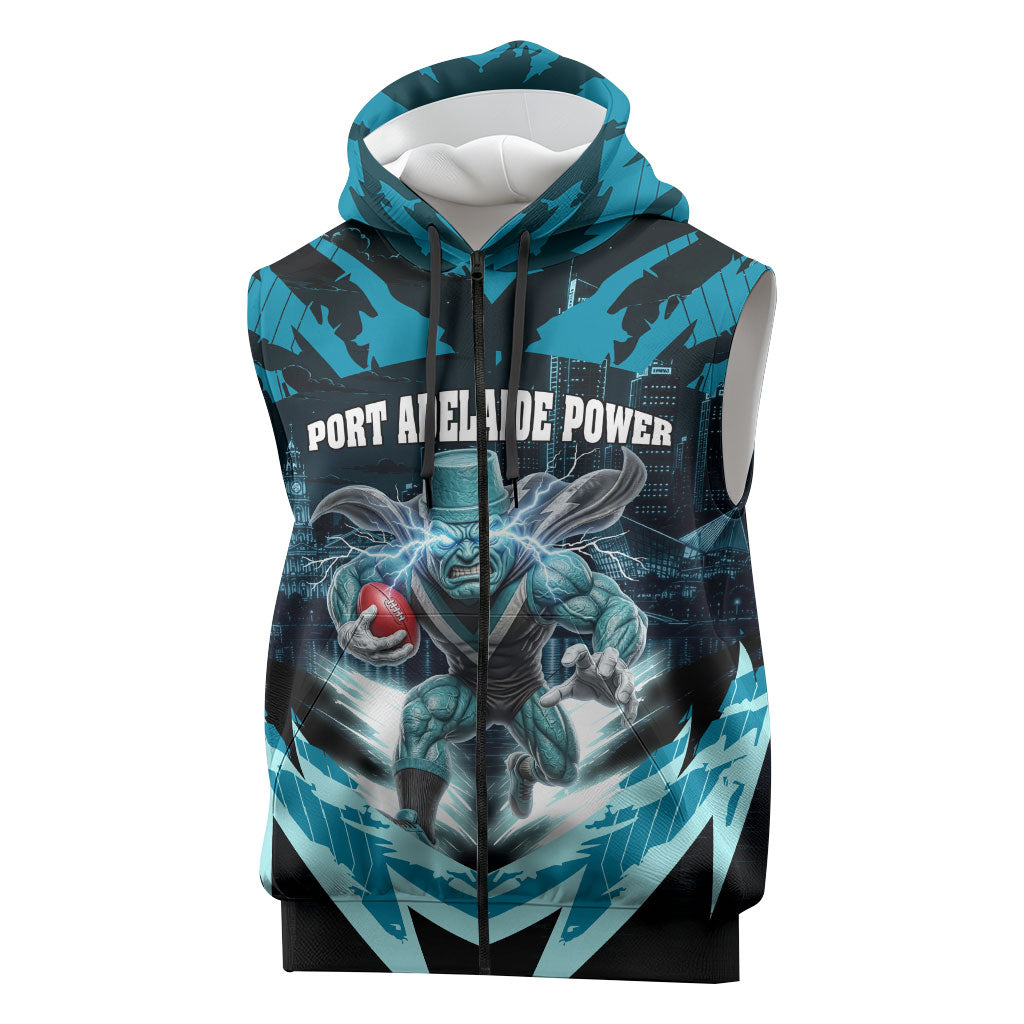 Personalised Port Adelaide Power Football Sleeveless Zip Hoodie Teal Lightning Mascot Charging Cityscape