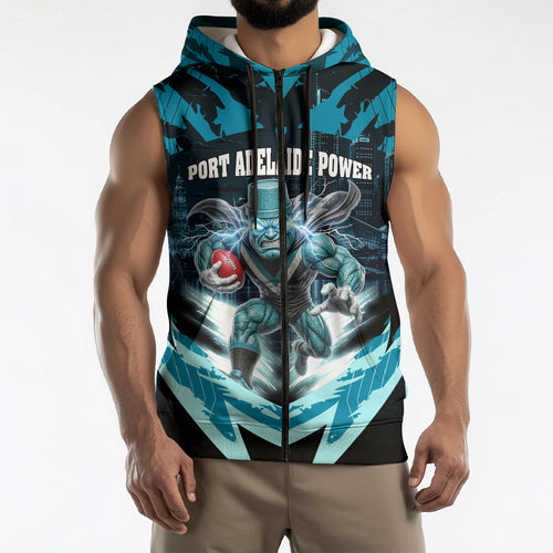 Personalised Port Adelaide Power Football Sleeveless Zip Hoodie Teal Lightning Mascot Charging Cityscape