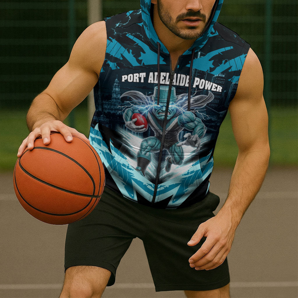 Personalised Port Adelaide Power Football Sleeveless Zip Hoodie Teal Lightning Mascot Charging Cityscape