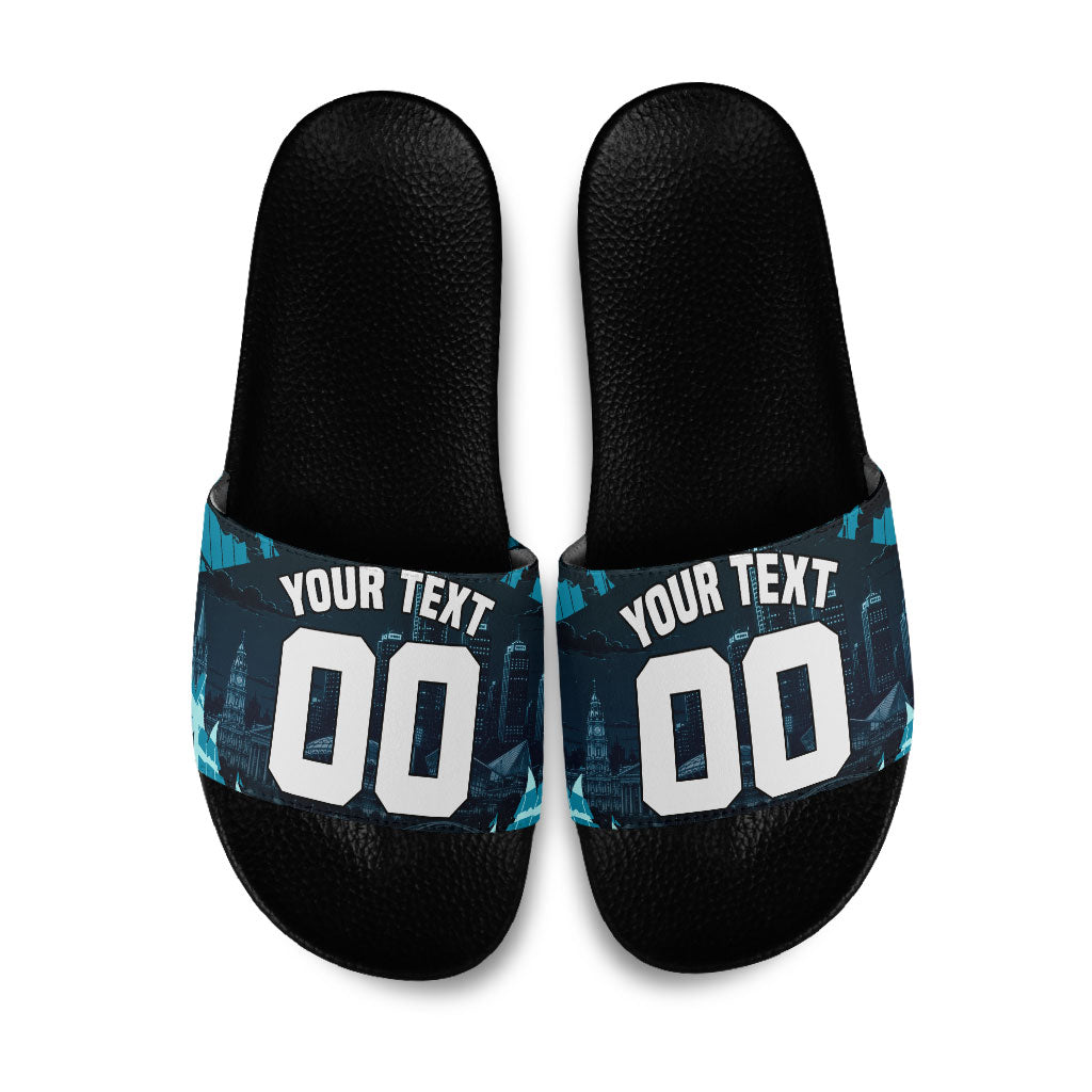 Personalised Port Adelaide Power Football Slide Sandals Teal Lightning Mascot Charging Cityscape