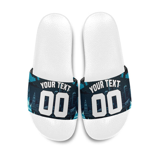 Personalised Port Adelaide Power Football Slide Sandals Teal Lightning Mascot Charging Cityscape