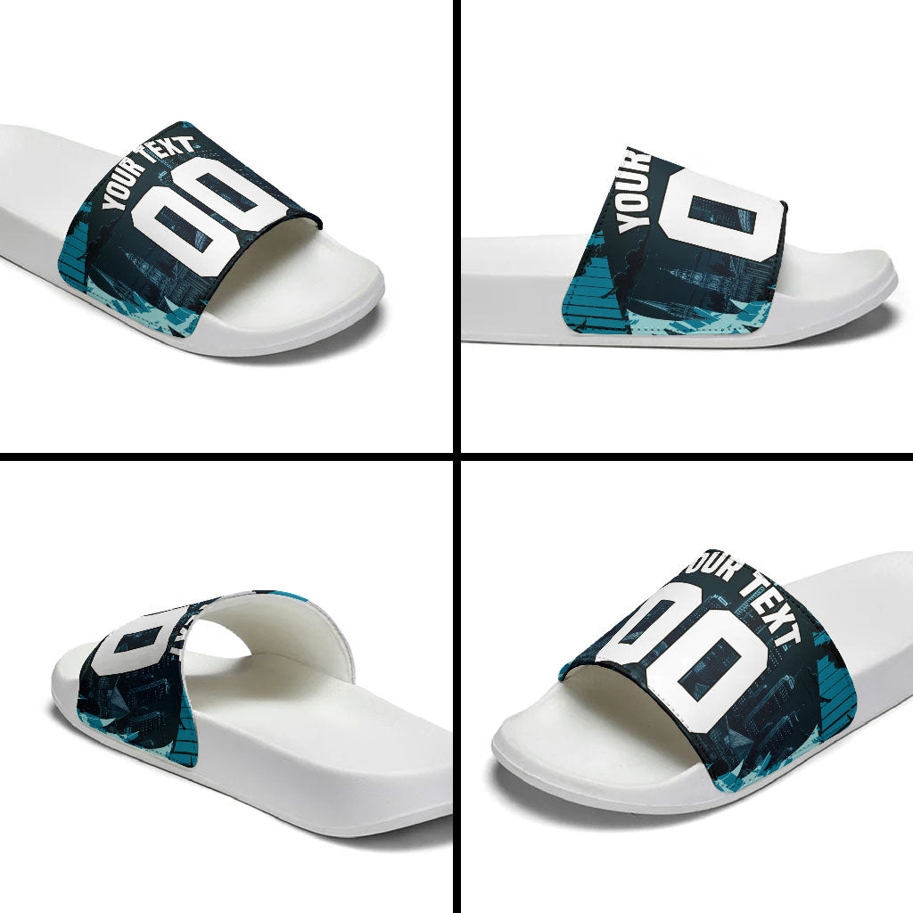 Personalised Port Adelaide Power Football Slide Sandals Teal Lightning Mascot Charging Cityscape