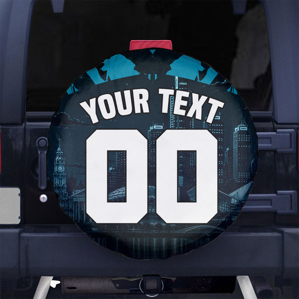 Personalised Port Adelaide Power Football Spare Tire Cover Teal Lightning Mascot Charging Cityscape