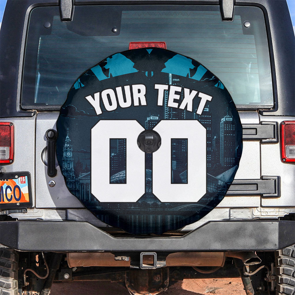 Personalised Port Adelaide Power Football Spare Tire Cover Teal Lightning Mascot Charging Cityscape