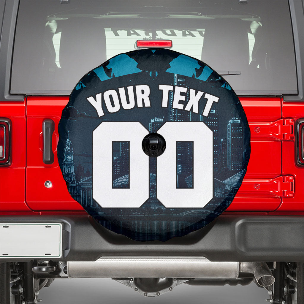 Personalised Port Adelaide Power Football Spare Tire Cover Teal Lightning Mascot Charging Cityscape