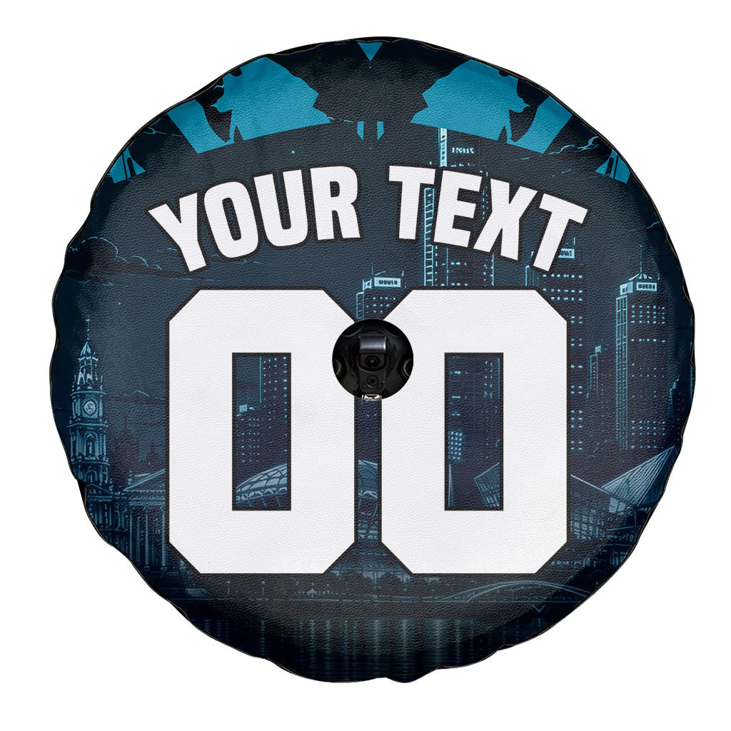 Personalised Port Adelaide Power Football Spare Tire Cover Teal Lightning Mascot Charging Cityscape
