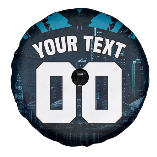 Personalised Port Adelaide Power Football Spare Tire Cover Teal Lightning Mascot Charging Cityscape