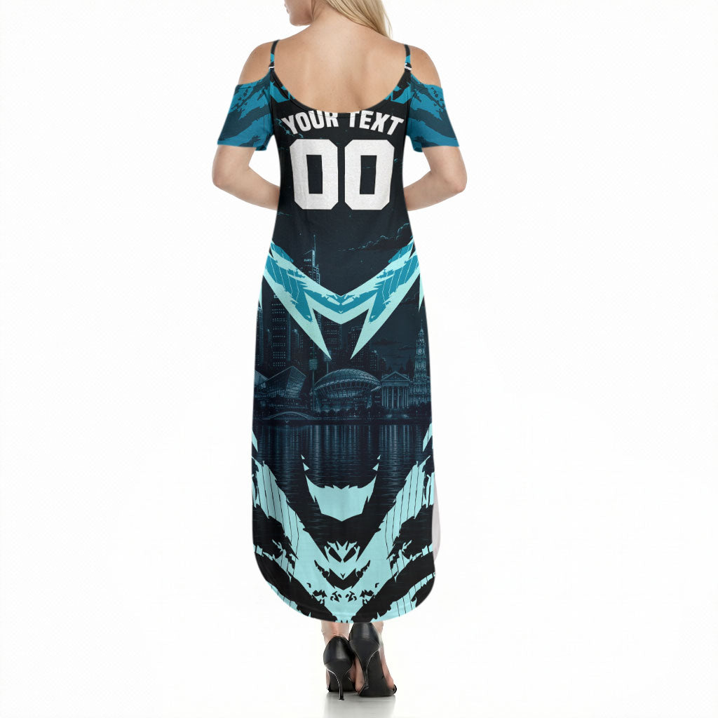 Personalised Port Adelaide Power Football Summer Maxi Dress Teal Lightning Mascot Charging Cityscape