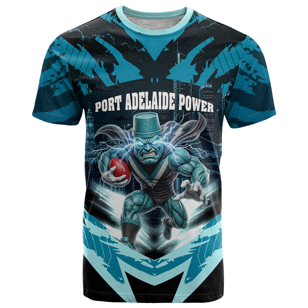 Personalised Port Adelaide Power Football T Shirt Teal Lightning Mascot Charging Cityscape