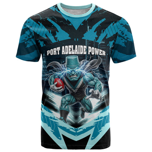 Personalised Port Adelaide Power Football T Shirt Teal Lightning Mascot Charging Cityscape