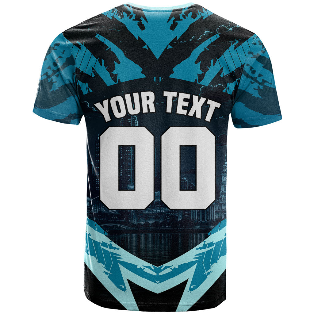 Personalised Port Adelaide Power Football T Shirt Teal Lightning Mascot Charging Cityscape