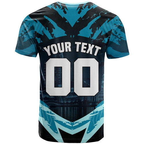 Personalised Port Adelaide Power Football T Shirt Teal Lightning Mascot Charging Cityscape