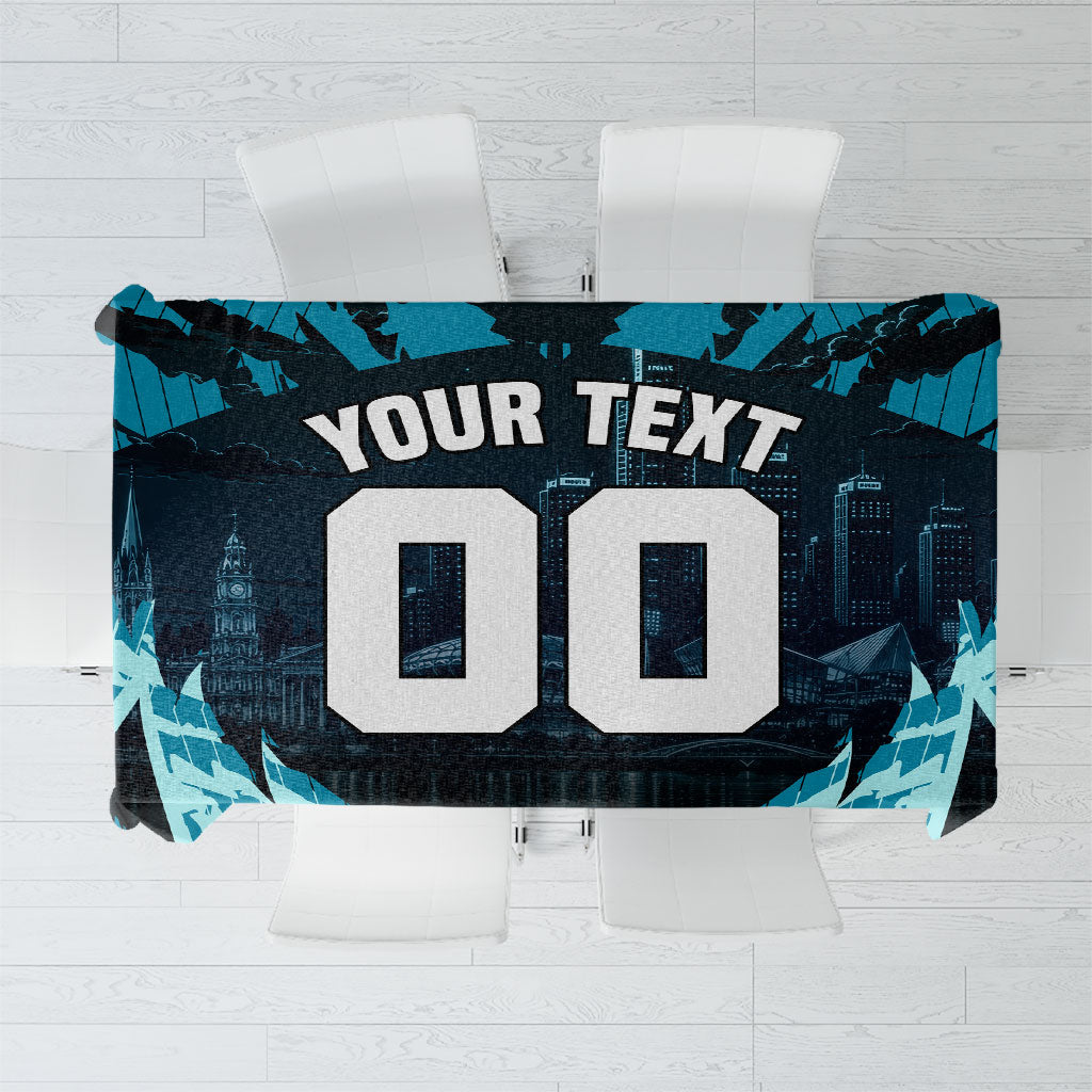 Personalised Port Adelaide Power Football Tablecloth Teal Lightning Mascot Charging Cityscape