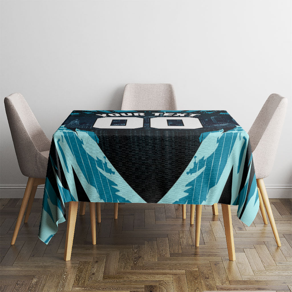 Personalised Port Adelaide Power Football Tablecloth Teal Lightning Mascot Charging Cityscape