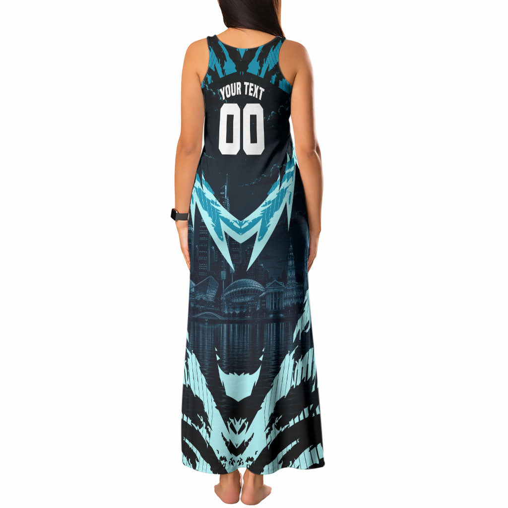 Personalised Port Adelaide Power Football Tank Maxi Dress Teal Lightning Mascot Charging Cityscape