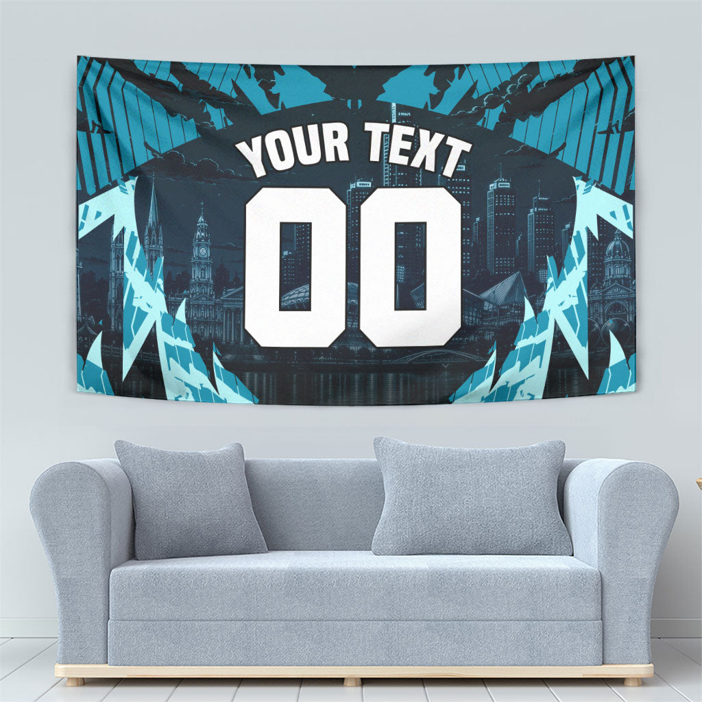 Personalised Port Adelaide Power Football Tapestry Teal Lightning Mascot Charging Cityscape