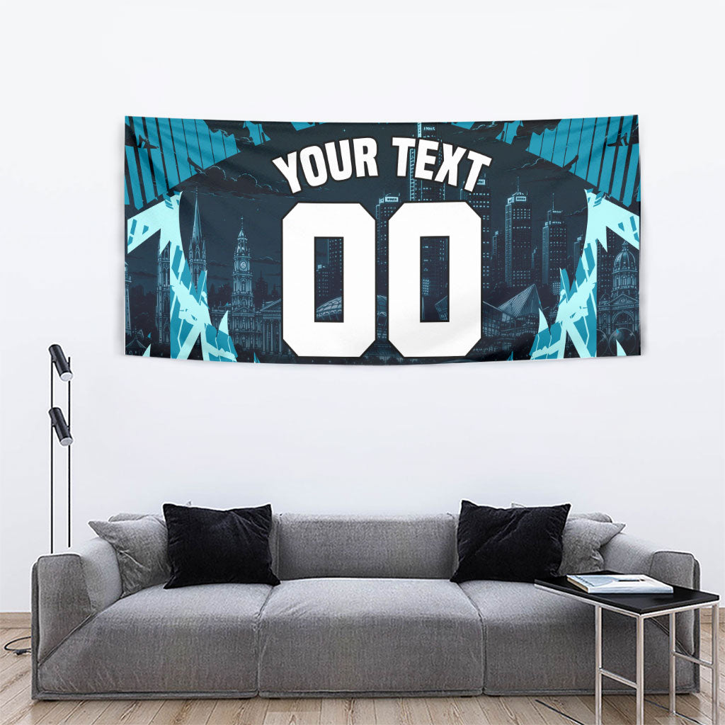 Personalised Port Adelaide Power Football Tapestry Teal Lightning Mascot Charging Cityscape