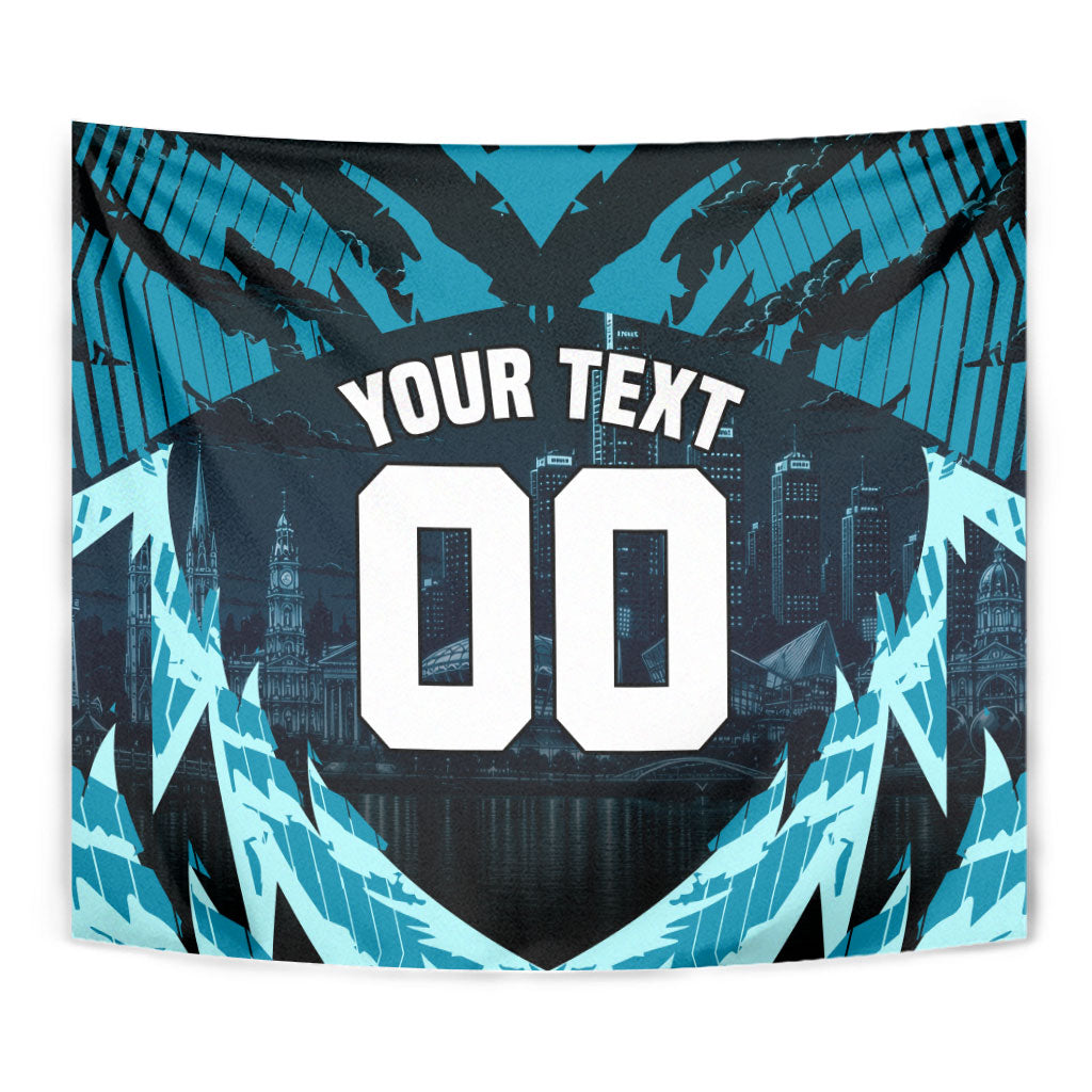 Personalised Port Adelaide Power Football Tapestry Teal Lightning Mascot Charging Cityscape