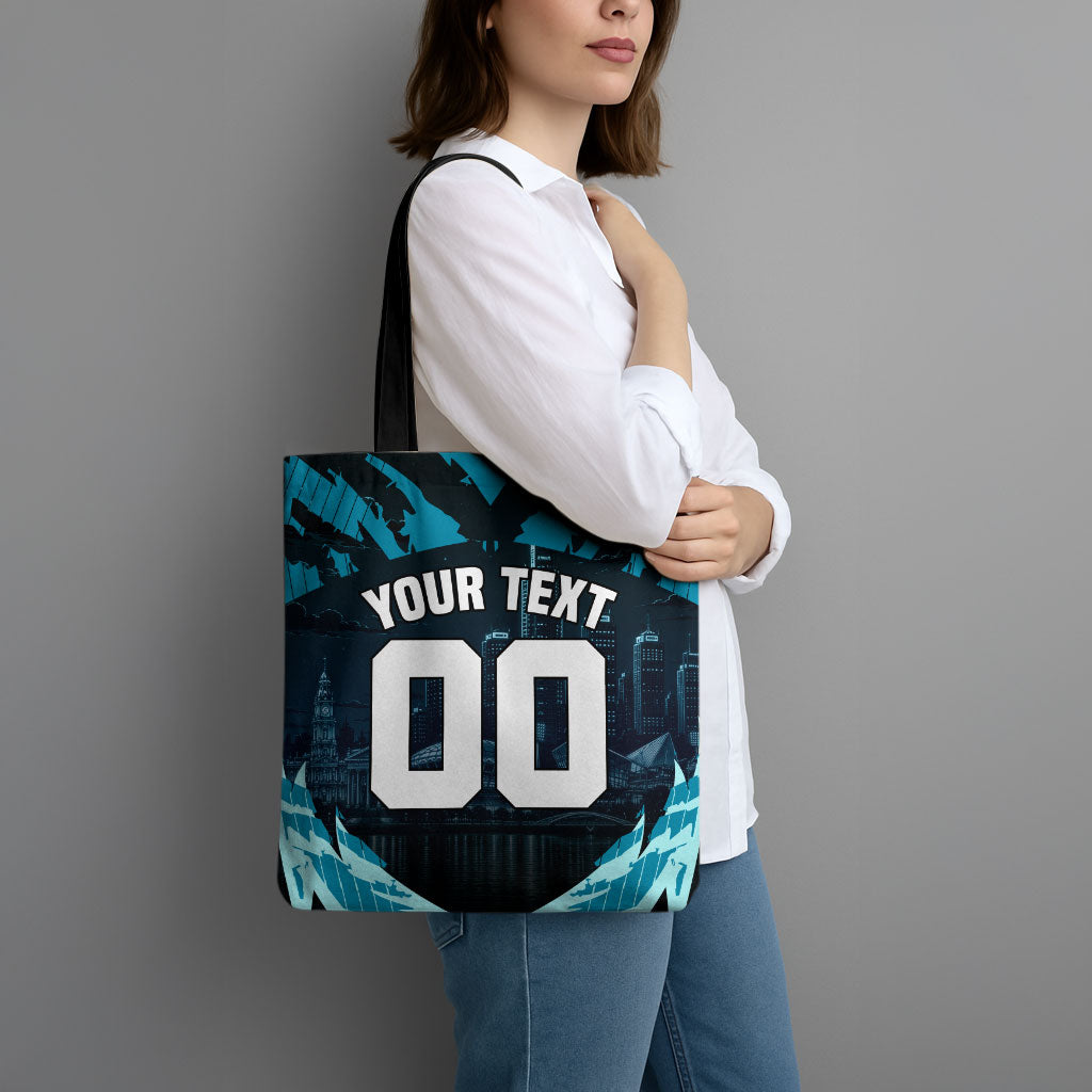 Personalised Port Adelaide Power Football Tote Bag Teal Lightning Mascot Charging Cityscape