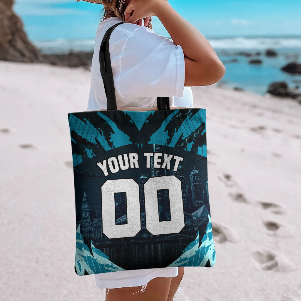 Personalised Port Adelaide Power Football Tote Bag Teal Lightning Mascot Charging Cityscape