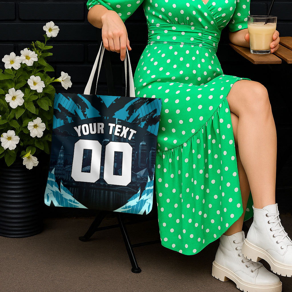 Personalised Port Adelaide Power Football Tote Bag Teal Lightning Mascot Charging Cityscape