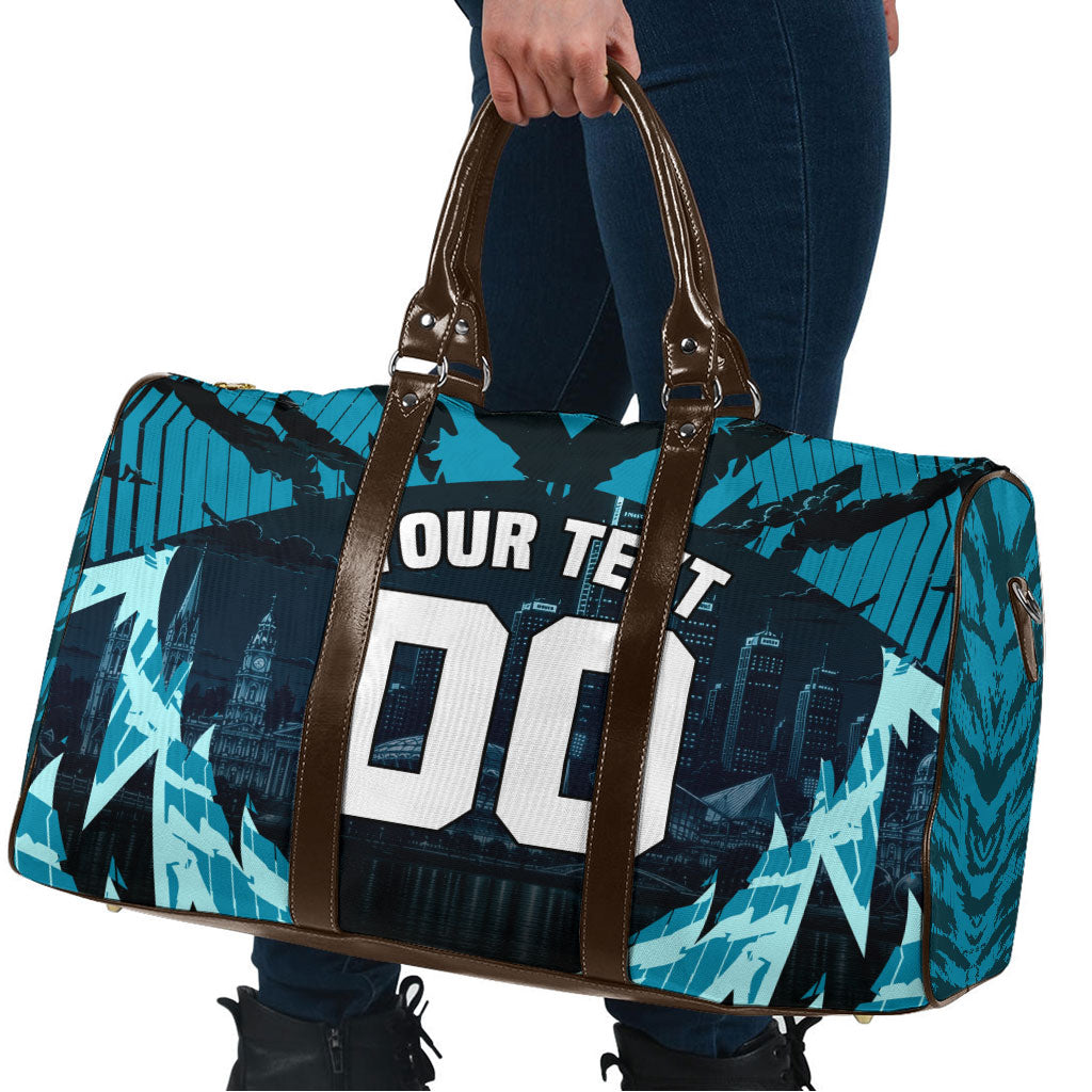 Personalised Port Adelaide Power Football Travel Bag Teal Lightning Mascot Charging Cityscape