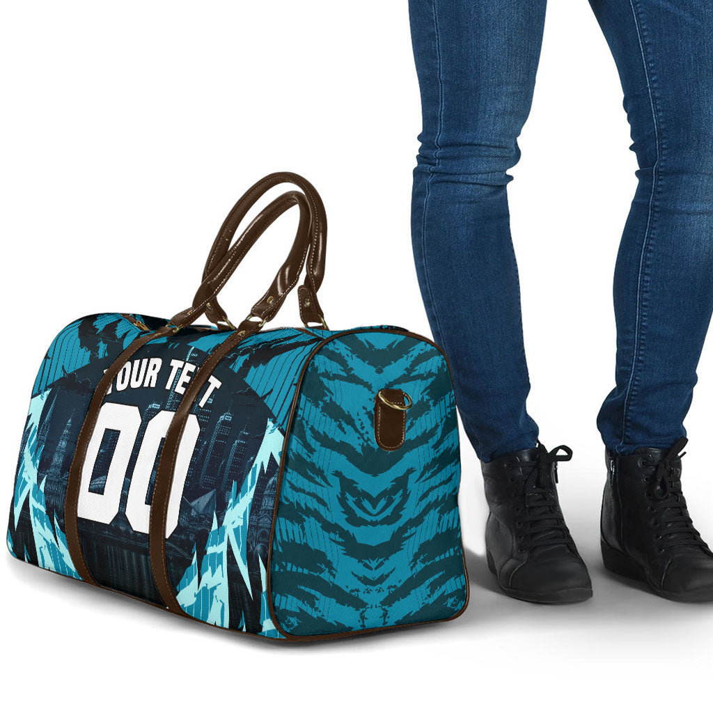 Personalised Port Adelaide Power Football Travel Bag Teal Lightning Mascot Charging Cityscape