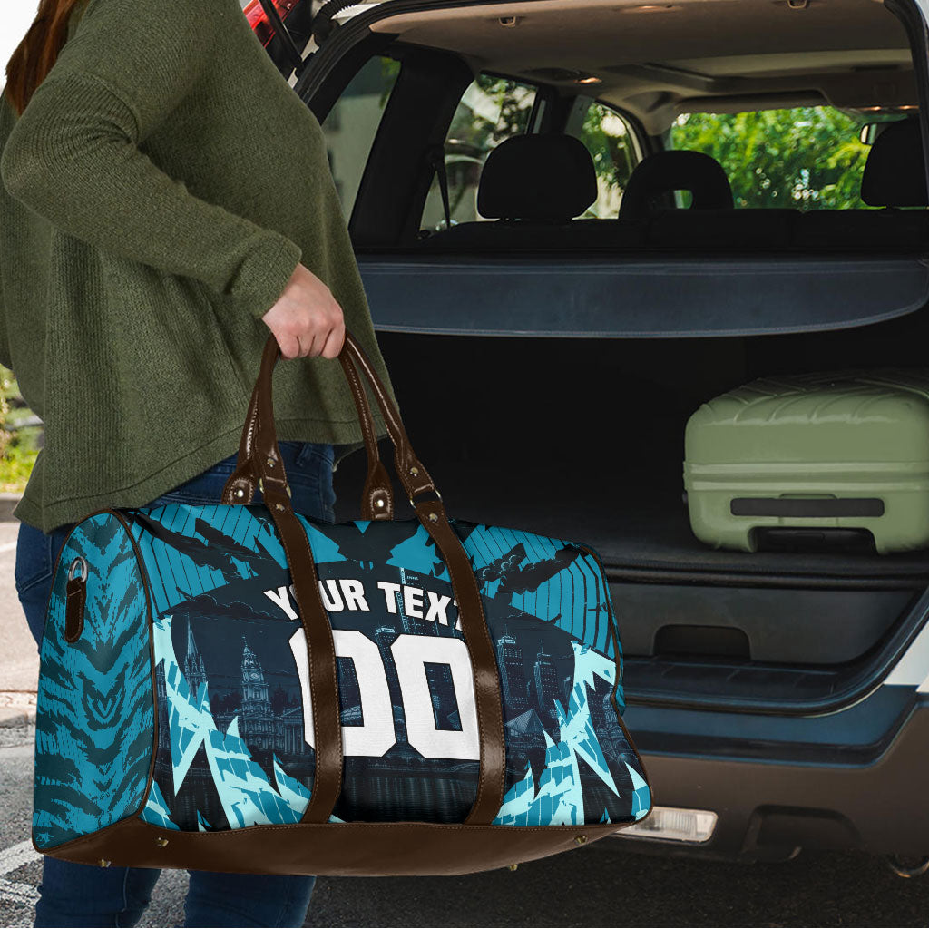 Personalised Port Adelaide Power Football Travel Bag Teal Lightning Mascot Charging Cityscape