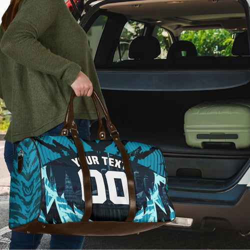 Personalised Port Adelaide Power Football Travel Bag Teal Lightning Mascot Charging Cityscape