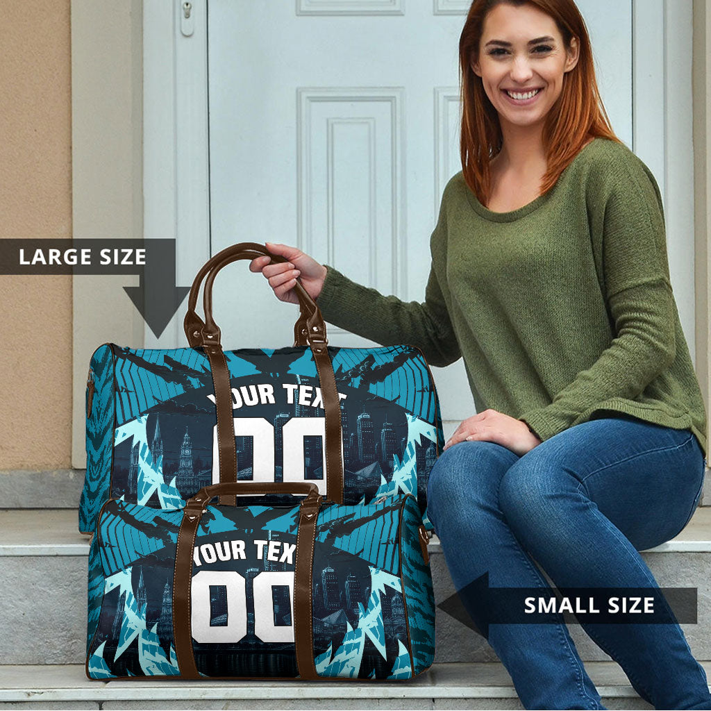 Personalised Port Adelaide Power Football Travel Bag Teal Lightning Mascot Charging Cityscape
