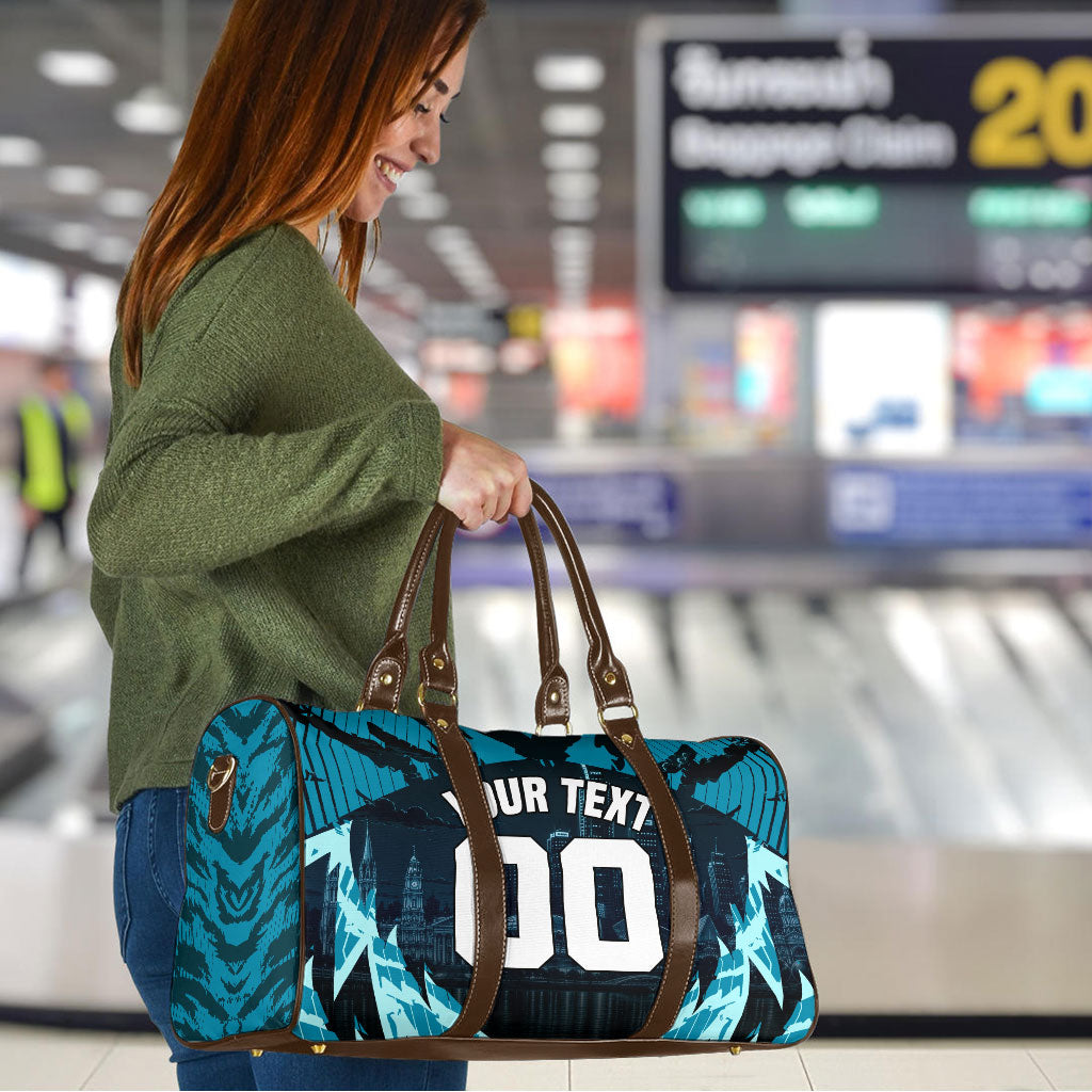 Personalised Port Adelaide Power Football Travel Bag Teal Lightning Mascot Charging Cityscape