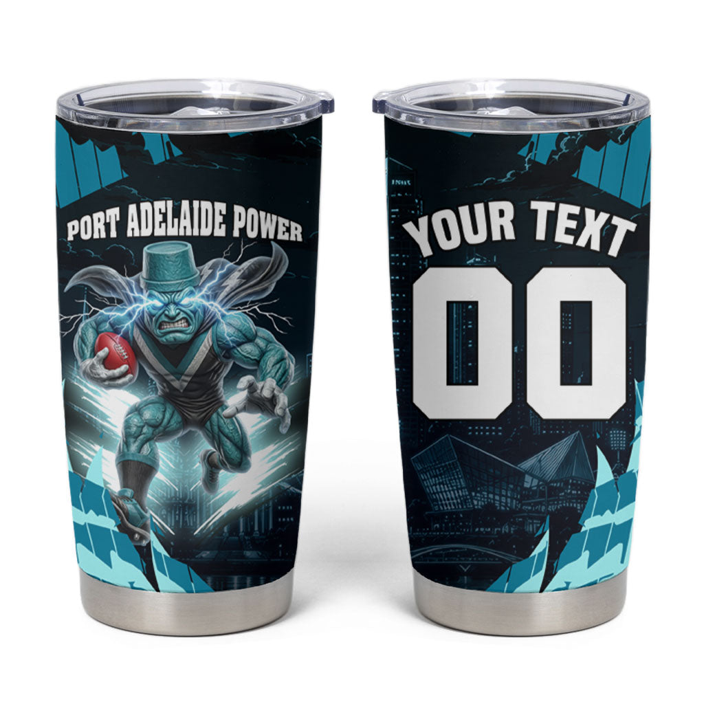 Personalised Port Adelaide Power Football Tumbler Cup Teal Lightning Mascot Charging Cityscape