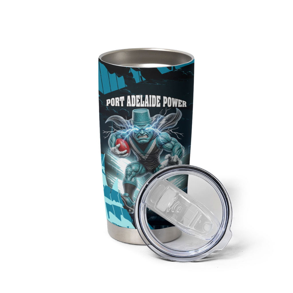 Personalised Port Adelaide Power Football Tumbler Cup Teal Lightning Mascot Charging Cityscape