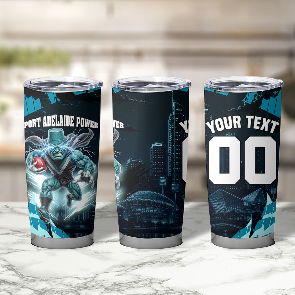 Personalised Port Adelaide Power Football Tumbler Cup Teal Lightning Mascot Charging Cityscape