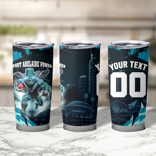 Personalised Port Adelaide Power Football Tumbler Cup Teal Lightning Mascot Charging Cityscape