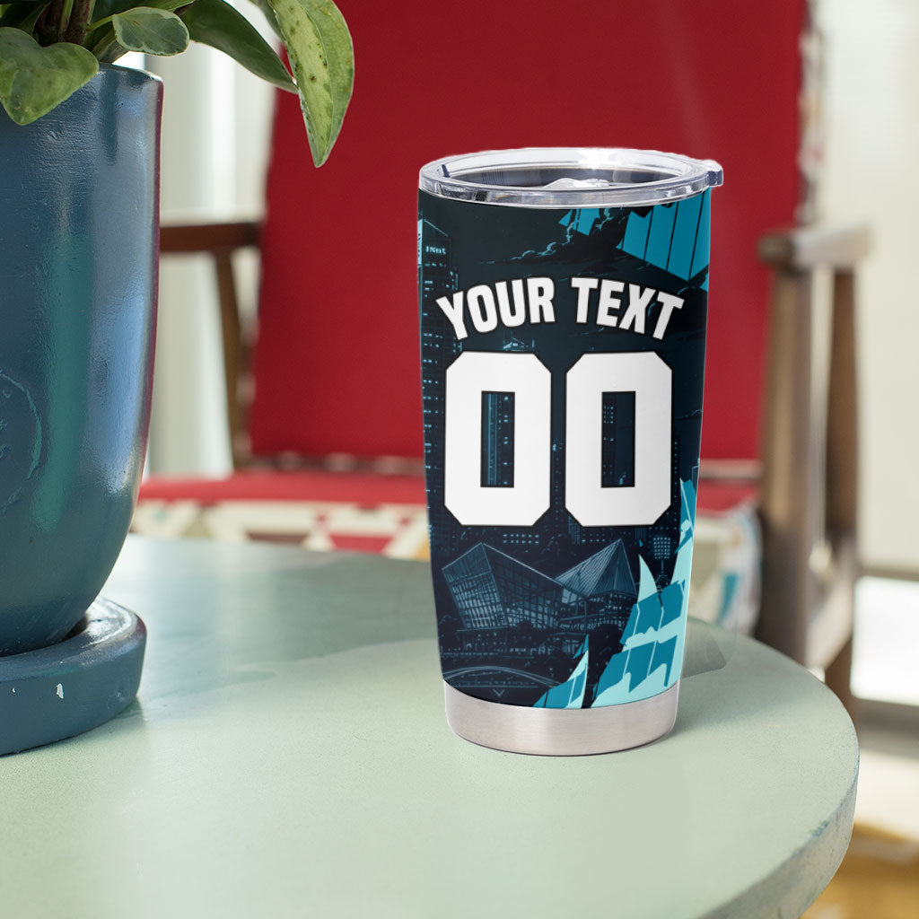 Personalised Port Adelaide Power Football Tumbler Cup Teal Lightning Mascot Charging Cityscape