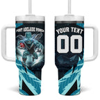 Personalised Port Adelaide Power Football Tumbler With Handle Teal Lightning Mascot Charging Cityscape