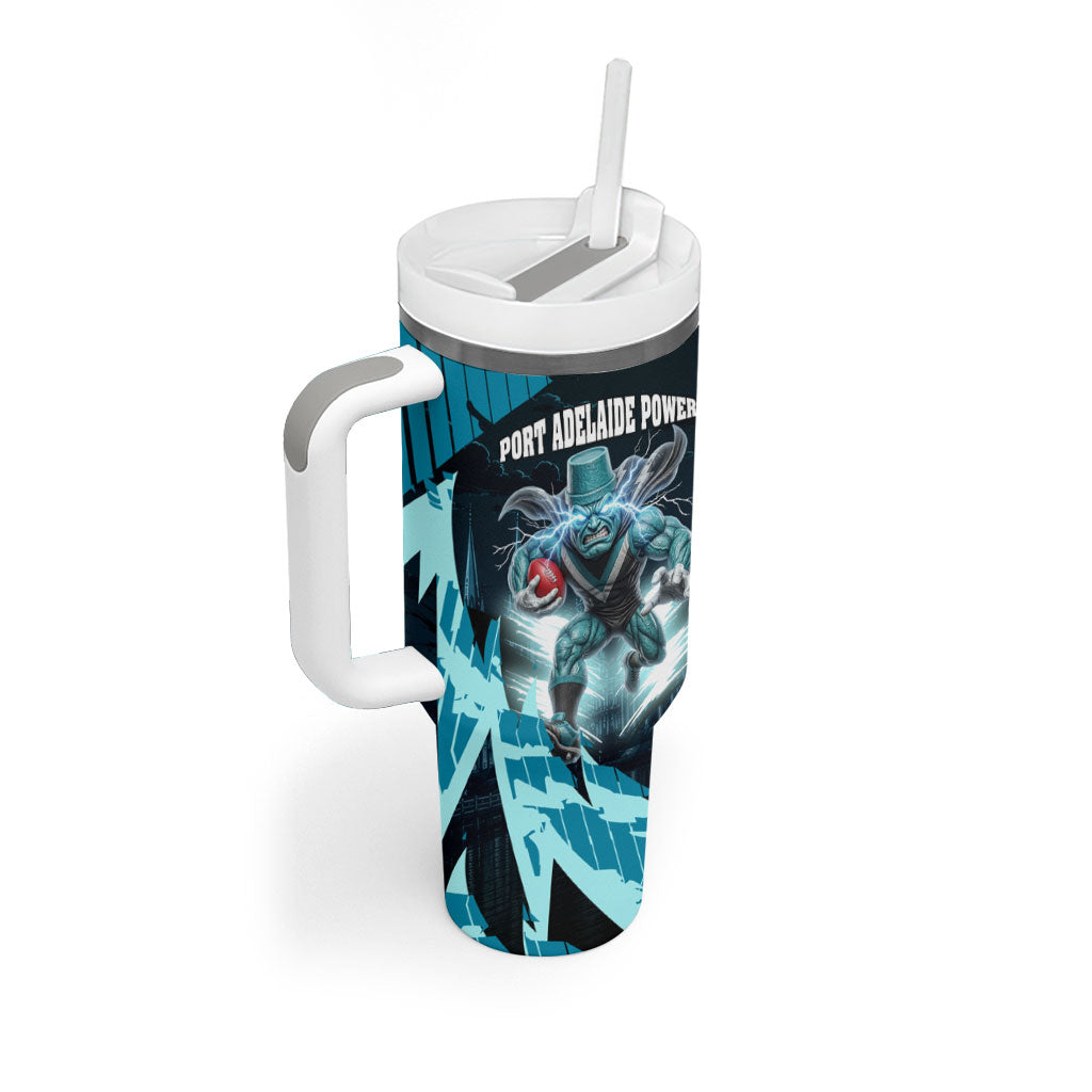 Personalised Port Adelaide Power Football Tumbler With Handle Teal Lightning Mascot Charging Cityscape