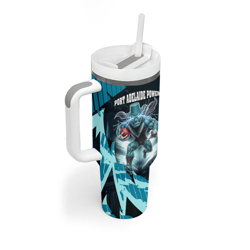 Personalised Port Adelaide Power Football Tumbler With Handle Teal Lightning Mascot Charging Cityscape