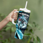 Personalised Port Adelaide Power Football Tumbler With Handle Teal Lightning Mascot Charging Cityscape