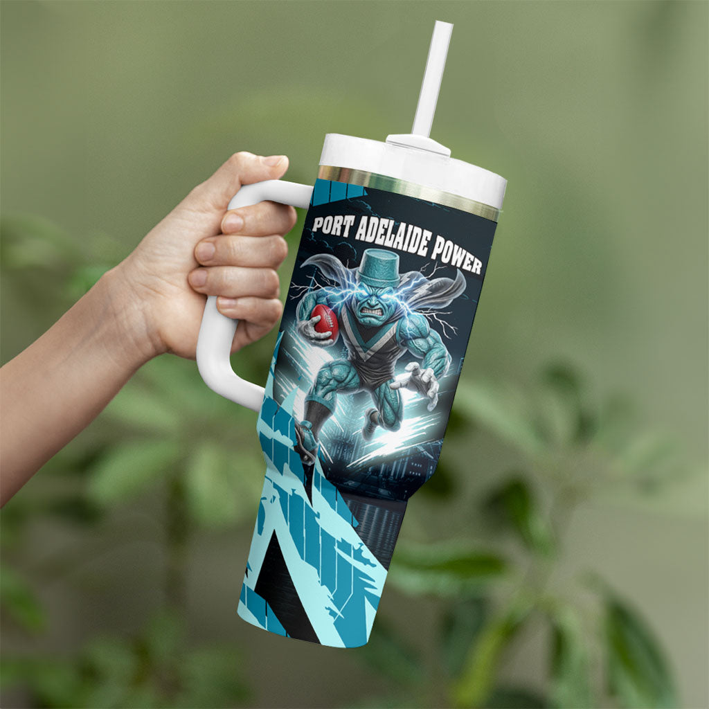Personalised Port Adelaide Power Football Tumbler With Handle Teal Lightning Mascot Charging Cityscape